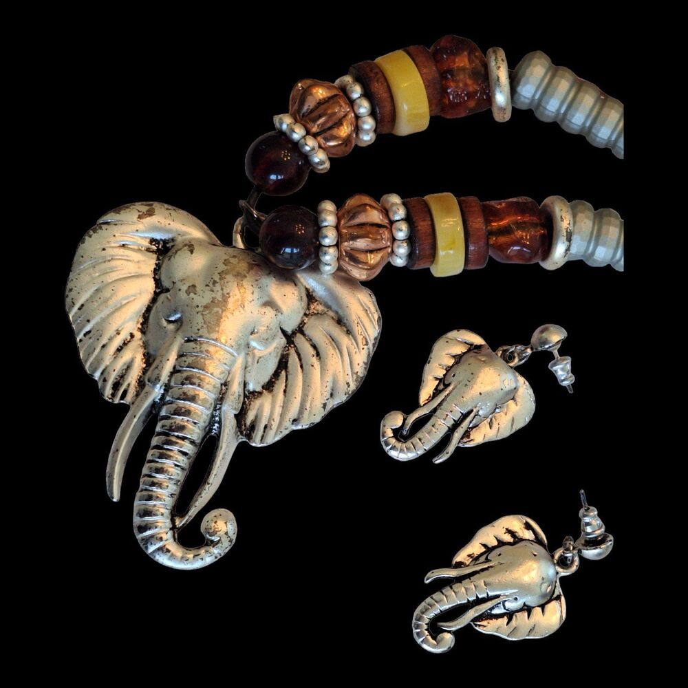 Elephant Head Statement Piece Necklace and Earrings Set Safari Bama Pride - Picture 2 of 12